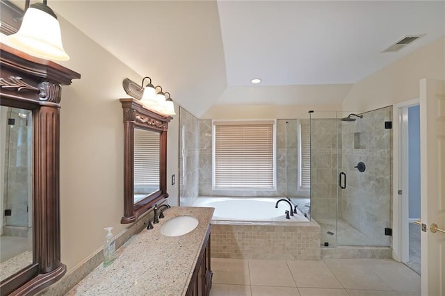 2747 Harper Woods Dr, Marietta, GA 30062 - bathroom with a bath, vanity, a shower stall, tile patterned flooring, and vaulted ceiling