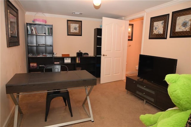 carpeted office featuring ornamental molding