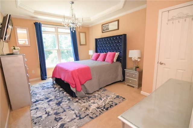 bedroom featuring a raised ceiling, ornamental molding, and light colored carpet