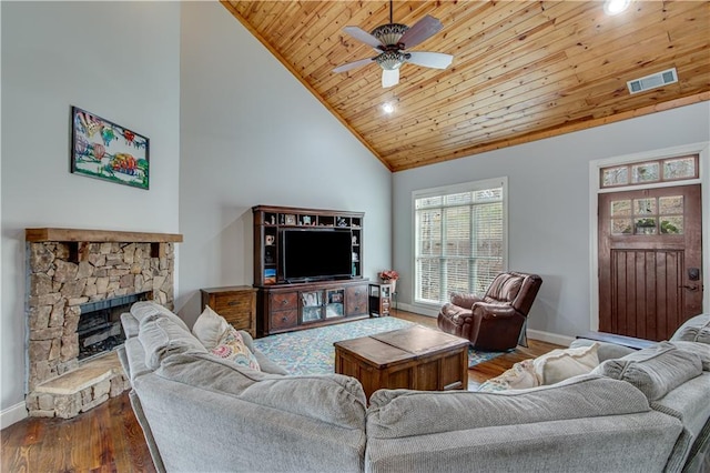 living room with wood ceiling, high vaulted ceiling, ceiling fan, a fireplace, and hardwood / wood-style floors