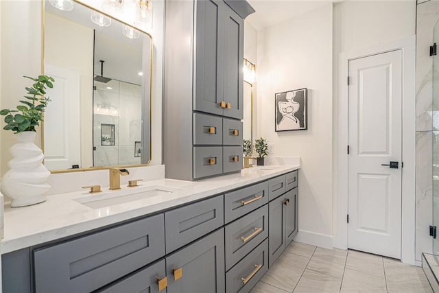 bathroom featuring vanity and an enclosed shower