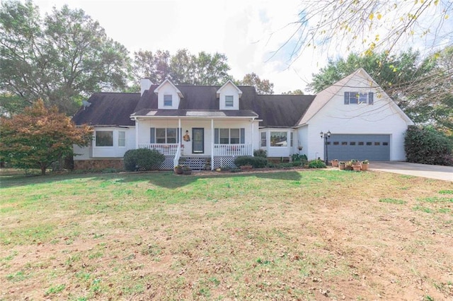 cape cod home featuring a garage, a porch, and a front lawn