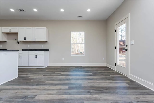 kitchen with plenty of natural light, dark hardwood / wood-style floors, and white cabinets