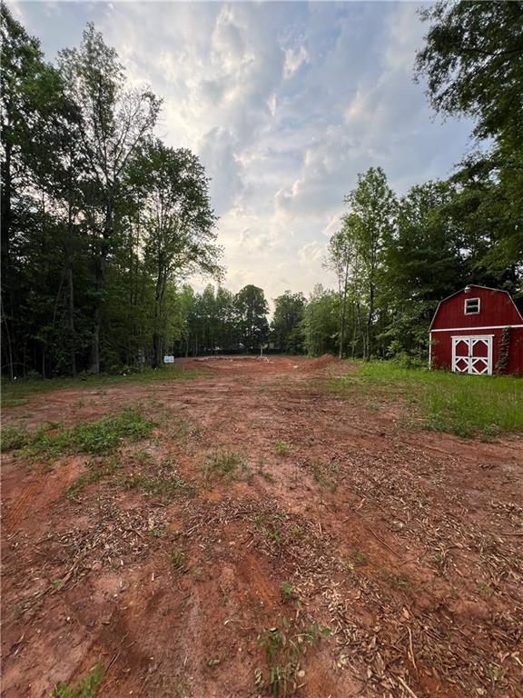 view of yard featuring a storage shed