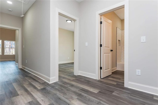 corridor featuring dark wood-type flooring