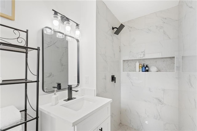 1066 Cleavemark Dr, Clarkston, GA 30021 - bathroom with vanity and a marble finish shower