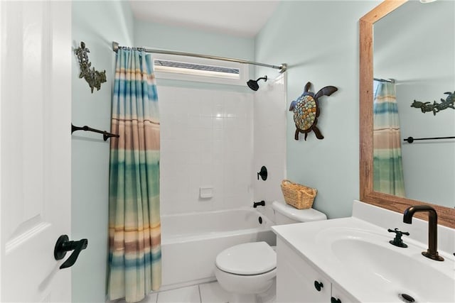 full bathroom featuring tile patterned flooring, vanity, toilet, and shower / bathtub combination with curtain