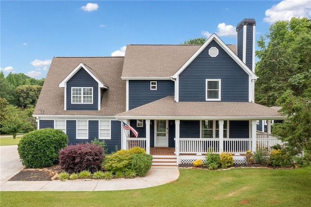 2545 Hickory Level Rd, Villa Rica, GA 30180 - view of front of house with a front lawn, a chimney, covered porch, and a shingled roof
