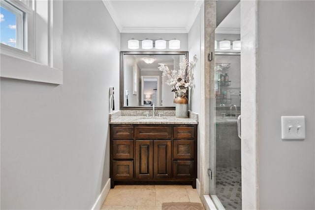 2545 Hickory Level Rd, Villa Rica, GA 30180 - bathroom with crown molding, a stall shower, vanity, and baseboards
