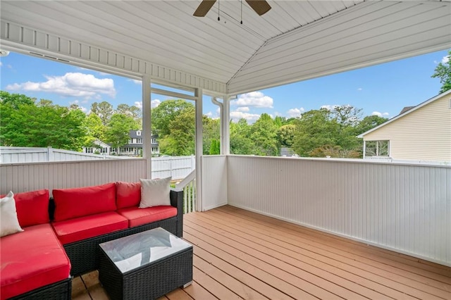 2545 Hickory Level Rd, Villa Rica, GA 30180 - wooden terrace featuring outdoor lounge area, a ceiling fan, and view of wooded area