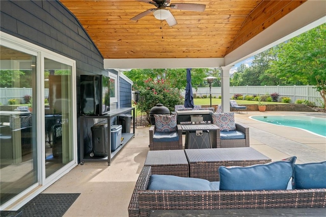2545 Hickory Level Rd, Villa Rica, GA 30180 - fenced backyard featuring an outdoor hangout area, a patio area, and ceiling fan