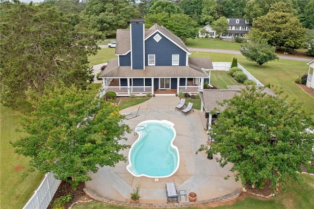2545 Hickory Level Rd, Villa Rica, GA 30180 - rear view of property with a chimney, an outdoor pool, a patio, a porch, and roof with shingles
