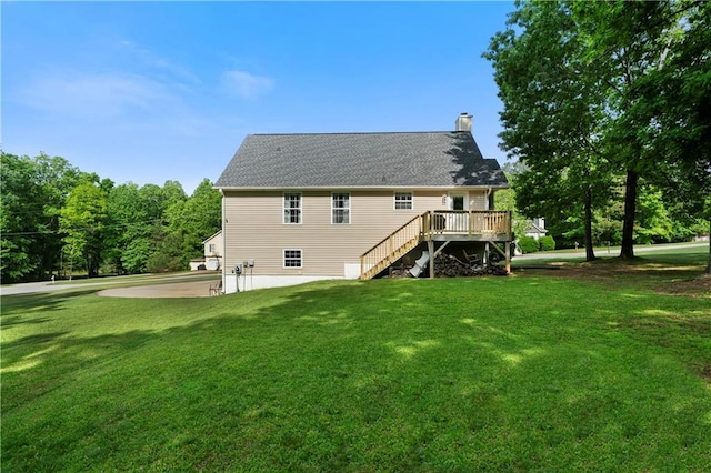 71 Headland Ct, Rockmart, GA 30153 - rear view of property with stairway, a chimney, a yard, and a deck