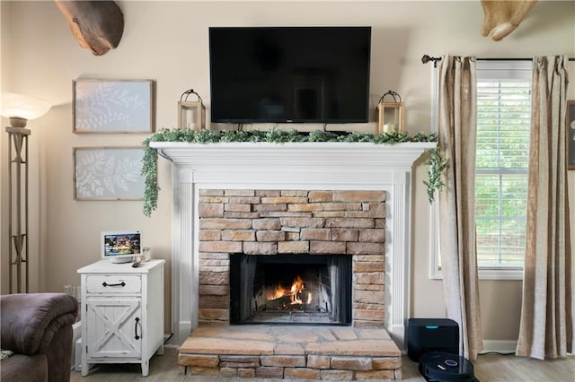 71 Headland Ct, Rockmart, GA 30153 - detailed view of a stone fireplace, wood finished floors, and baseboards