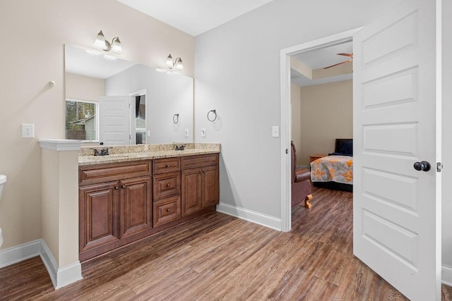 bathroom with ceiling fan, vanity, and hardwood / wood-style flooring