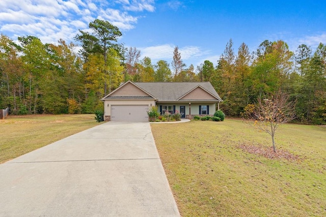 ranch-style house with a garage and a front lawn