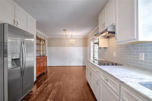 kitchen featuring white cabinetry, stainless steel fridge, black electric stovetop, and dark hardwood / wood-style floors