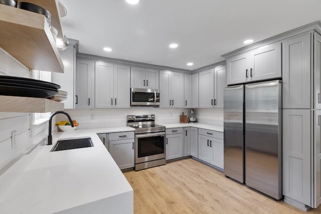 kitchen featuring appliances with stainless steel finishes, gray cabinets, a sink, light wood-type flooring, and recessed lighting