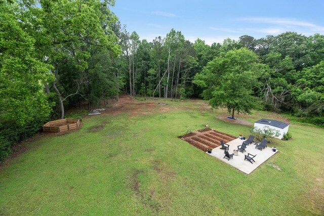 view of green lawn featuring a patio and an outdoor structure