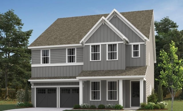 view of front of house with roof with shingles, board and batten siding, driveway, and a garage