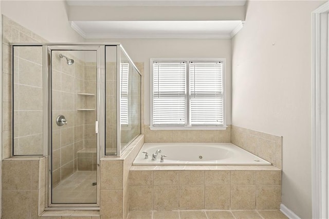 4440 Green Summers Dr, Cumming, GA 30028 - bathroom featuring a garden tub, a shower stall, and crown molding