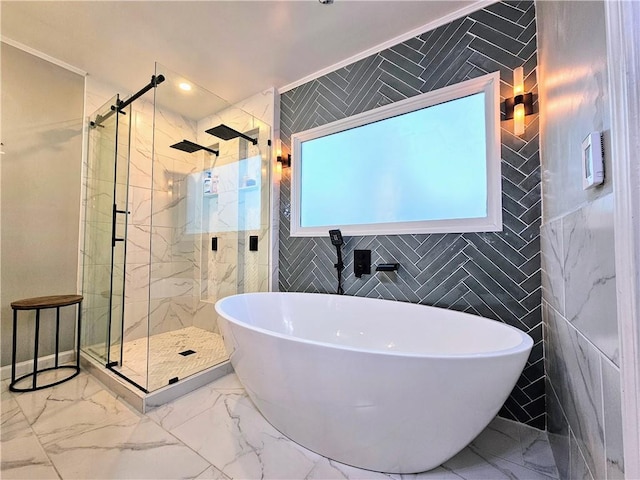 full bathroom featuring a marble finish shower, a soaking tub, and marble finish floor