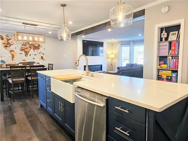 kitchen with dark wood-style flooring, hanging light fixtures, light countertops, stainless steel dishwasher, and crown molding