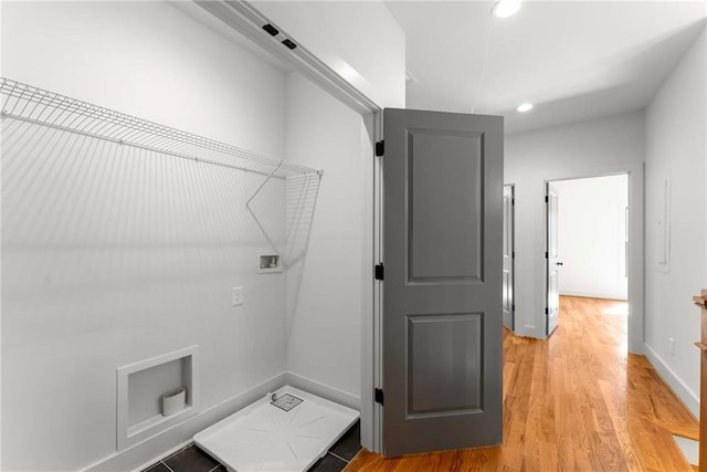 washroom with washer hookup, light wood finished floors, recessed lighting, laundry area, and baseboards