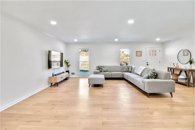 living room featuring light wood-type flooring and crown molding