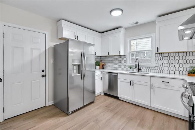 kitchen featuring white cabinetry, appliances with stainless steel finishes, range hood, and sink