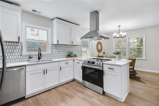 kitchen featuring sink, island range hood, stainless steel appliances, and white cabinets