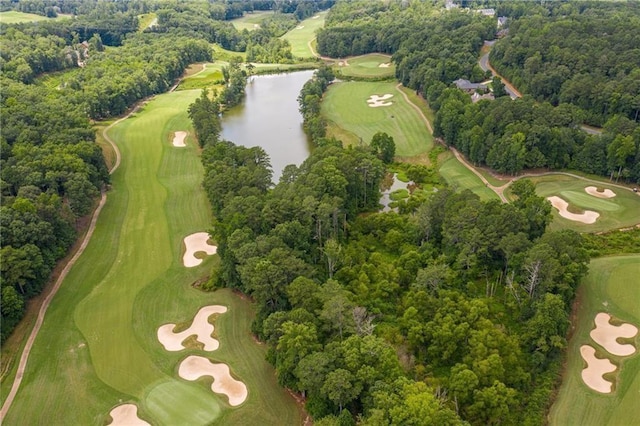 aerial view featuring view of golf course and a water view