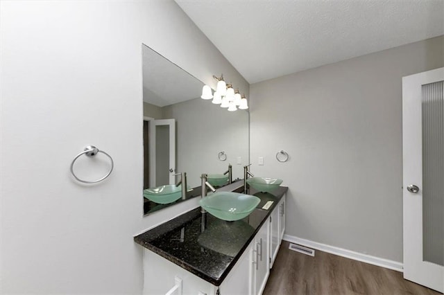 bathroom with vanity and hardwood / wood-style floors