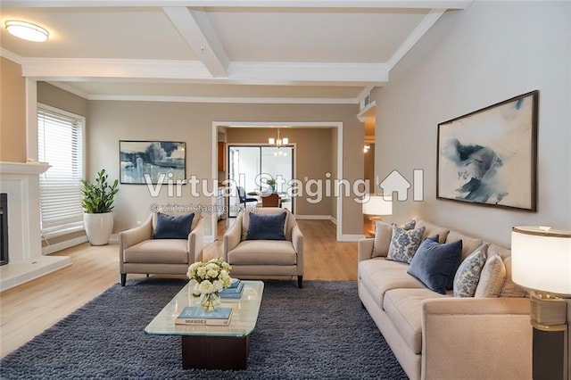 living room featuring an inviting chandelier, hardwood / wood-style flooring, crown molding, and beamed ceiling