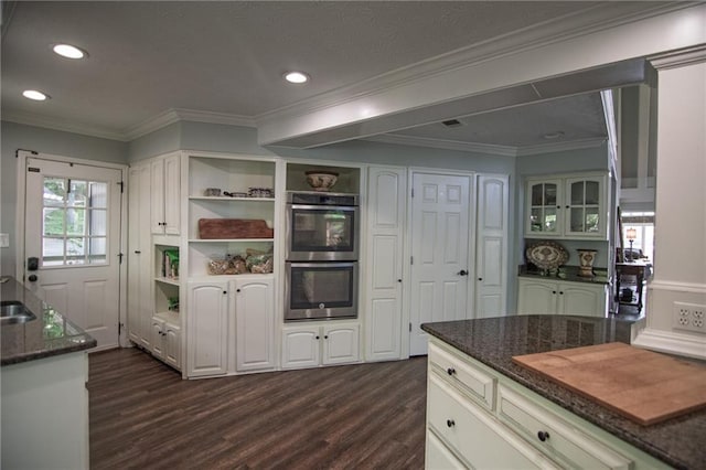 1345 Quail Hollow Dr, Hamilton, GA 31811 - kitchen with dark stone countertops, open shelves, double oven, dark wood-style floors, and recessed lighting