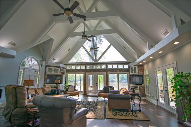 1345 Quail Hollow Dr, Hamilton, GA 31811 - living room featuring french doors, recessed lighting, ceiling fan, high vaulted ceiling, and wood finished floors