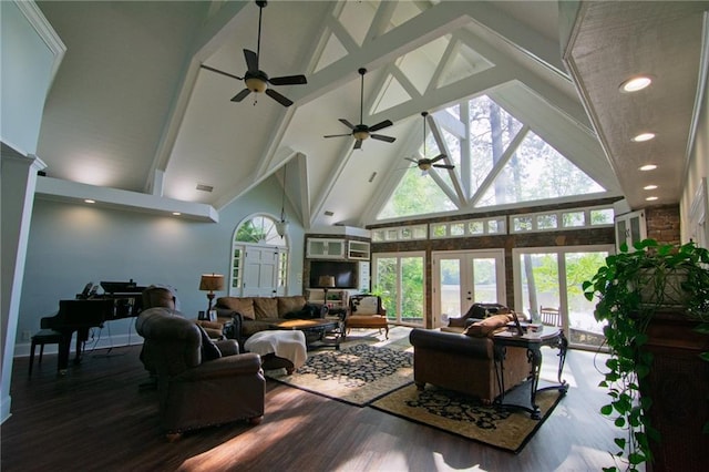 1345 Quail Hollow Dr, Hamilton, GA 31811 - living room featuring beam ceiling, wood finished floors, high vaulted ceiling, recessed lighting, and ceiling fan