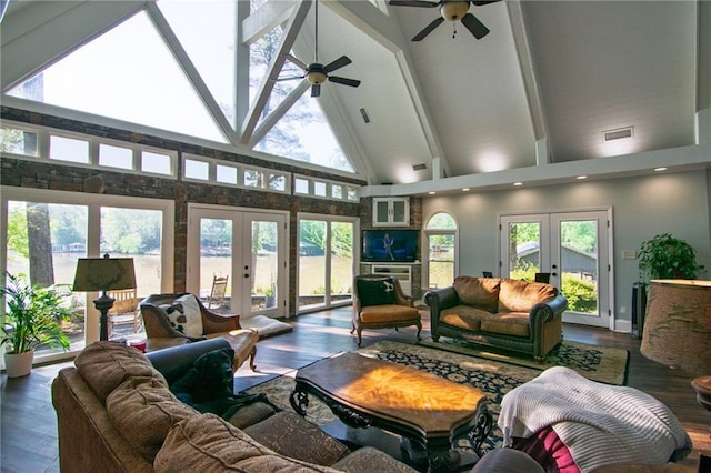 1345 Quail Hollow Dr, Hamilton, GA 31811 - living room featuring french doors, a healthy amount of sunlight, ceiling fan, high vaulted ceiling, and beamed ceiling