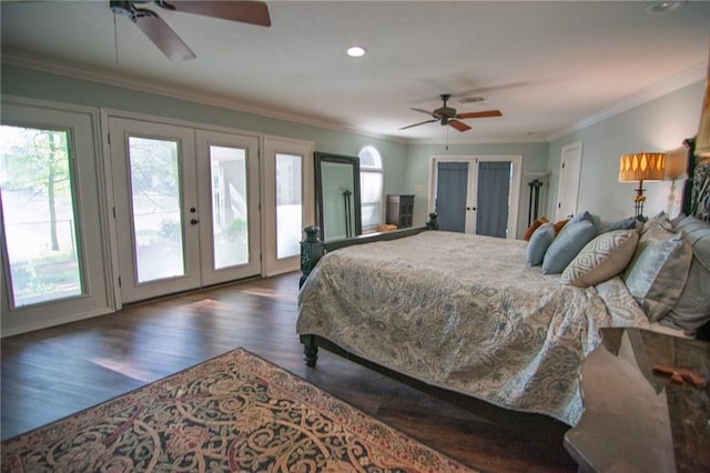 1345 Quail Hollow Dr, Hamilton, GA 31811 - bedroom featuring dark wood-type flooring, french doors, access to exterior, and ornamental molding