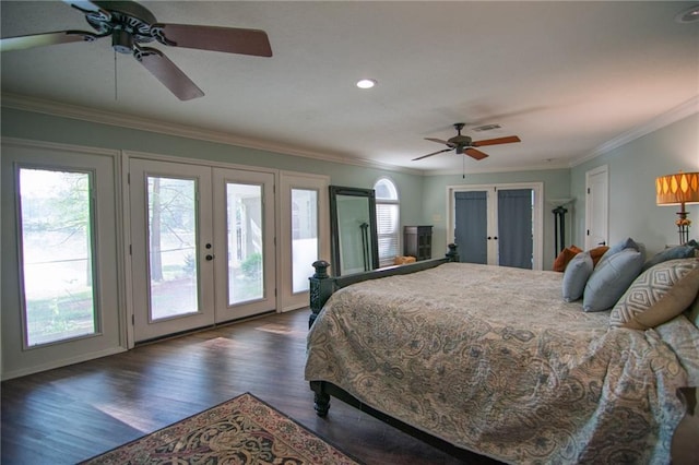 1345 Quail Hollow Dr, Hamilton, GA 31811 - bedroom with french doors, visible vents, dark wood-style flooring, access to outside, and ornamental molding