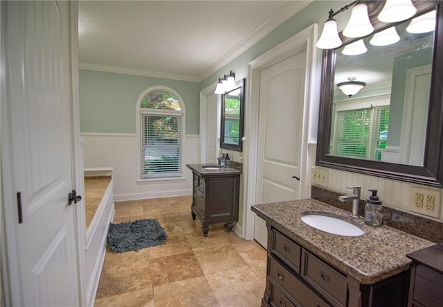 1345 Quail Hollow Dr, Hamilton, GA 31811 - full bathroom featuring a sink, crown molding, two vanities, and a wainscoted wall