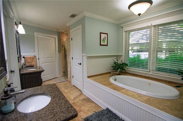 1345 Quail Hollow Dr, Hamilton, GA 31811 - full bath with a wainscoted wall, a bath, visible vents, vanity, and ornamental molding