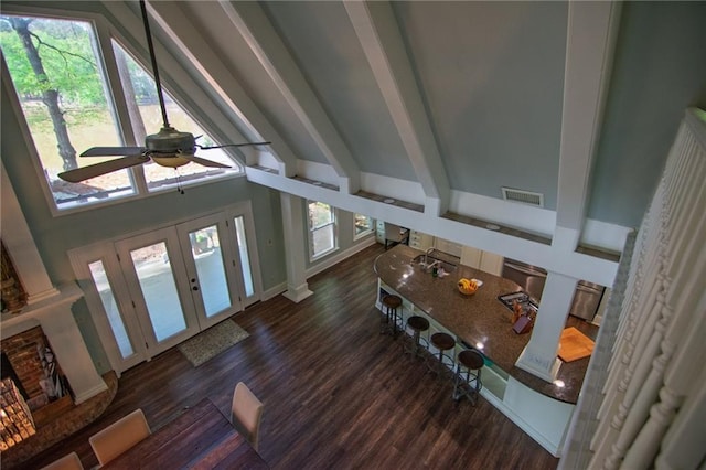 1345 Quail Hollow Dr, Hamilton, GA 31811 - entrance foyer featuring visible vents, wood finished floors, a ceiling fan, and beamed ceiling