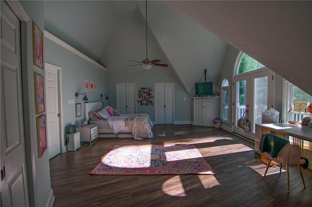 1345 Quail Hollow Dr, Hamilton, GA 31811 - interior space featuring wood finished floors, baseboards, high vaulted ceiling, two closets, and access to outside