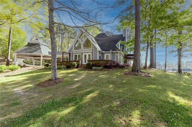1345 Quail Hollow Dr, Hamilton, GA 31811 - view of front facade featuring a gazebo, french doors, a chimney, and a front yard