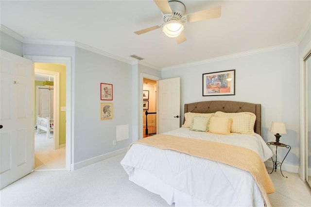 bedroom featuring ceiling fan, light colored carpet, and ornamental molding