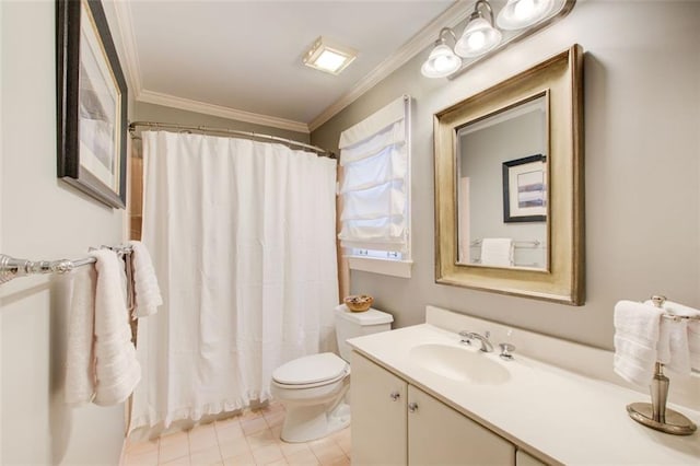 bathroom with vanity, toilet, crown molding, and tile patterned flooring