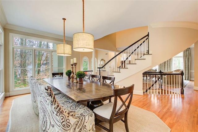 dining area featuring crown molding, a healthy amount of sunlight, and light hardwood / wood-style floors