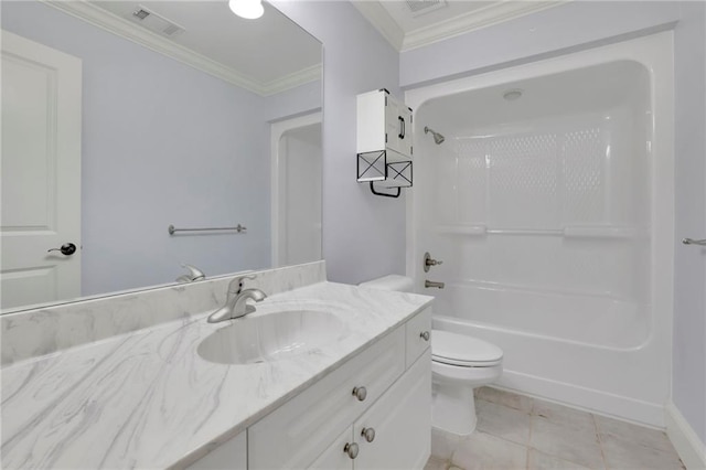 full bathroom featuring vanity, ornamental molding, toilet, and shower / bath combination