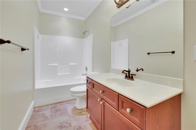 full bathroom featuring vanity, crown molding, shower / tub combination, and toilet